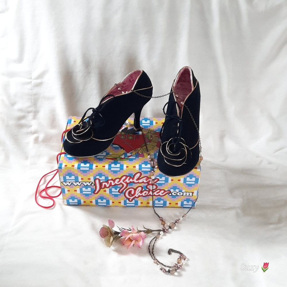 IRREGULAR CHOICE Black Gold Flower Lace-Up Heels - Picture 6 of 8